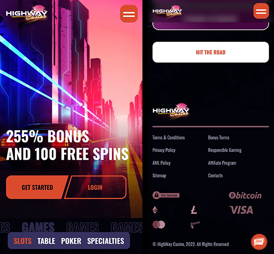 The welcome page of the mobile casino