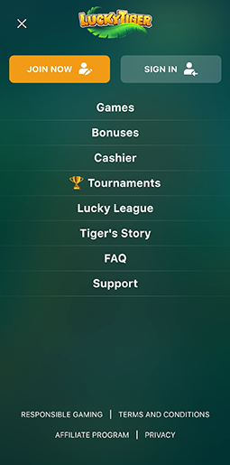 Lucky Tiger Casino menu.